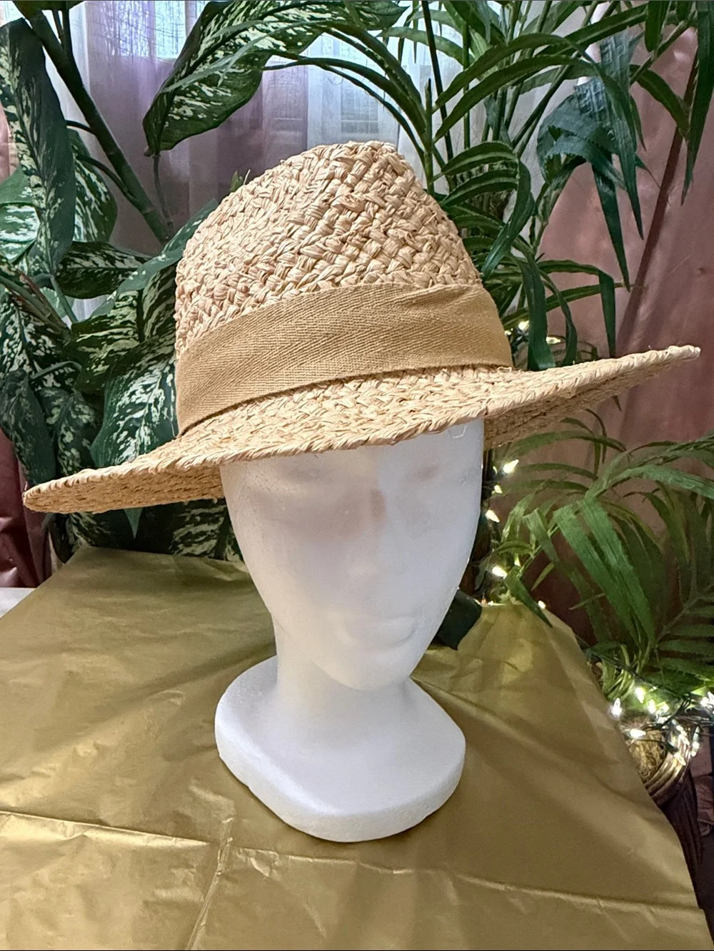 Natural Straw Fedora Hat with Light Tan Band